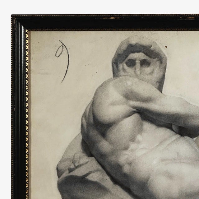 Figurative Antique Michelangelo Sculpture Classical Sketch, Signed (1880, Charcoal/Graphite on Paper) For Sale - Image 3 of 7