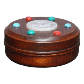 Antique Huali Wood Jewelry Box With Carved Jade Center and Turquoise Stones For Sale