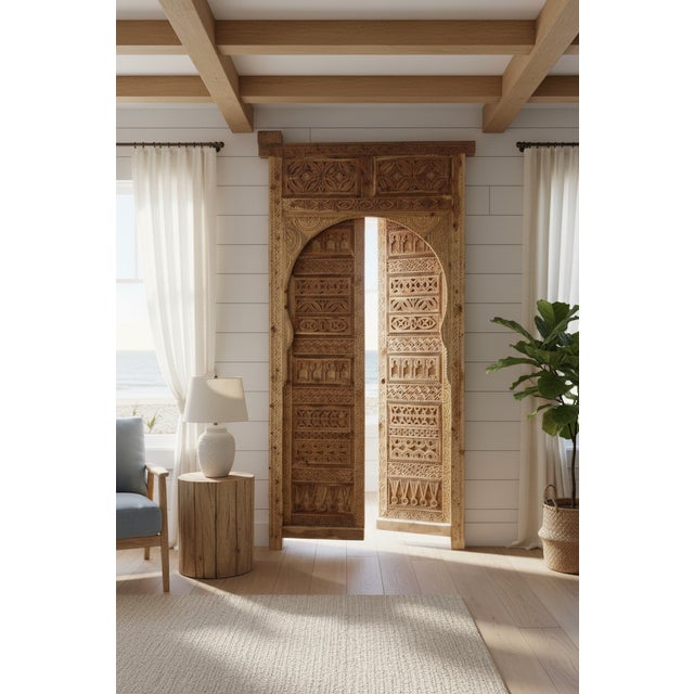 Moroccan Hand-Carved Moroccan Cedar Wood Door – Arched Rustic Entryway, Statement Home Decor For Sale - Image 3 of 7