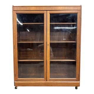 Antique Victorian or Arts and Crafts Style Golden Oak Display Cabinet Bookcase For Sale