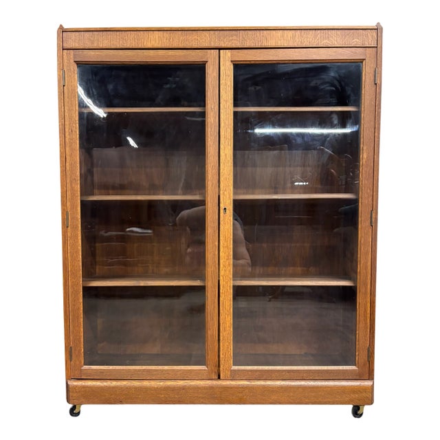 Antique Victorian or Arts and Crafts Style Golden Oak Display Cabinet Bookcase For Sale