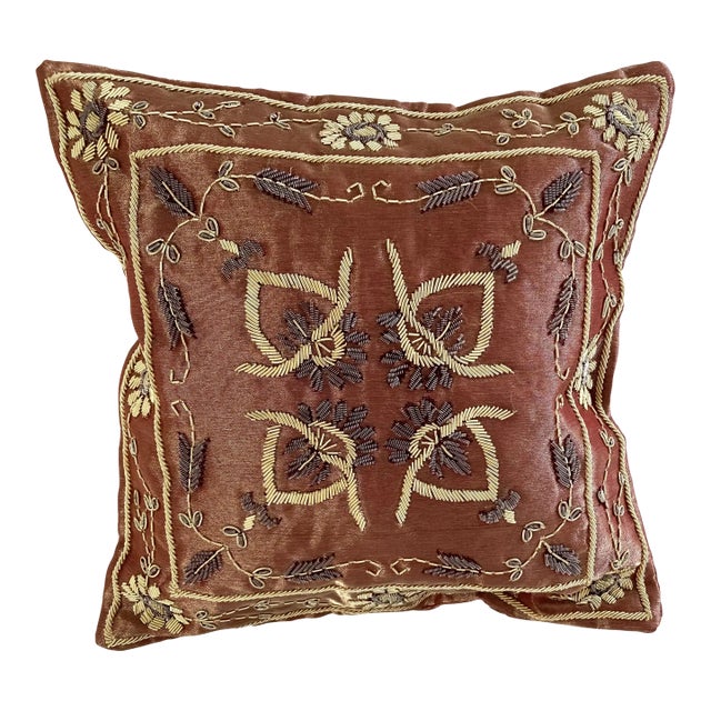 Asian Floral Zardozi Hand Embroidered Accent Decorative Silk Organza Boudoir Pillow Cover For Sale