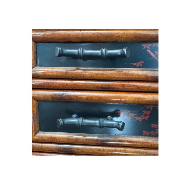 Wood 1990s Theodore Alexander Chinoiserie Lacquer Chest Bird Motif W/ Bamboo Hardware 4 Drawer For Sale - Image 7 of 14