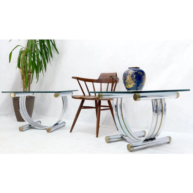Silver Pair of Chrome & Brass U Shape Bases Glass Top End Side Occasional Tables For Sale - Image 8 of 13