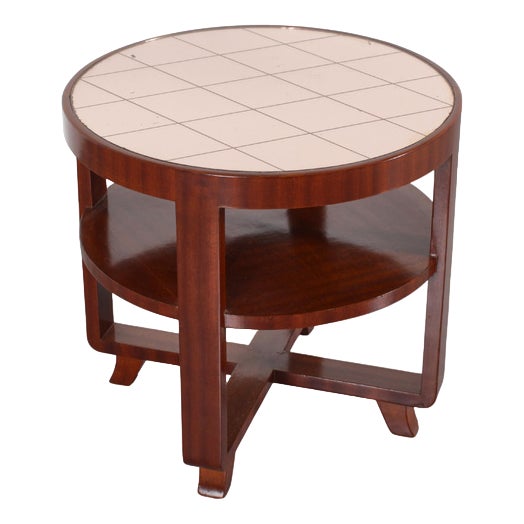 Art Deco Circular Side Table in Bentwood and Pink Mirrored Glass, Italy, 1930s For Sale