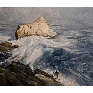 Silver Surf by Chris Hopkins | Oil on panel of waves crashing against a rocky shore For Sale