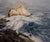 Silver Surf by Chris Hopkins | Oil on panel of waves crashing against a rocky shore For Sale