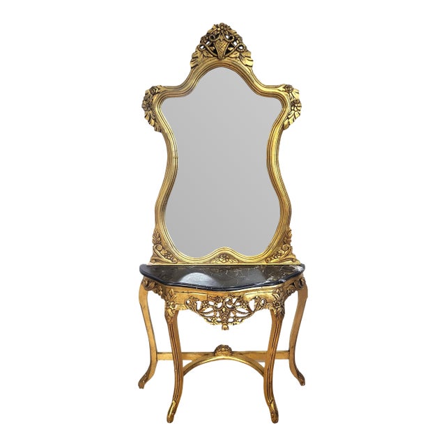 Vintage Rococo French Style 20th C Gilt Carved Wood Marble Console Table & Mirror For Sale