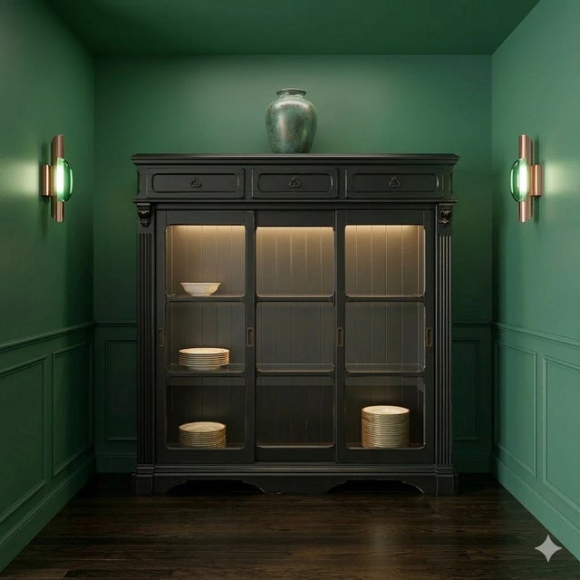 1990s Black Distressed Painted Wood Tiered Glass Door Lighted Curio Display Cabinet For Sale - Image 13 of 14