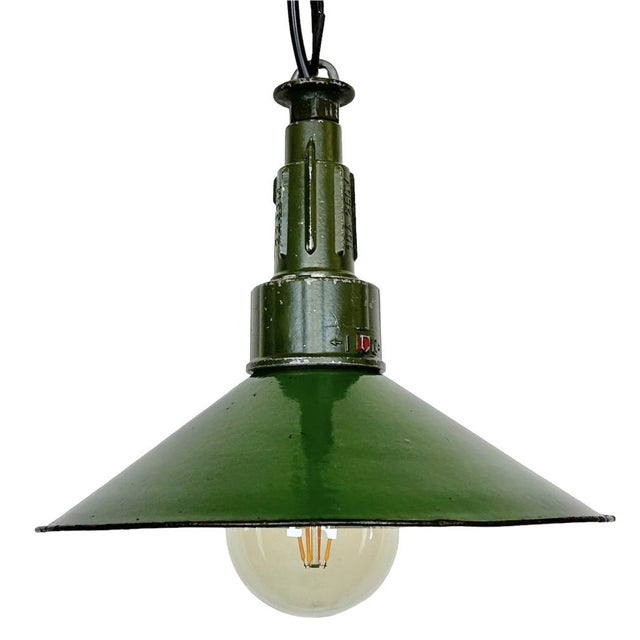 Industrial Green Enamel Military Pendant Lamp with Cast Aluminium Top, 1960s For Sale - Image 17 of 17