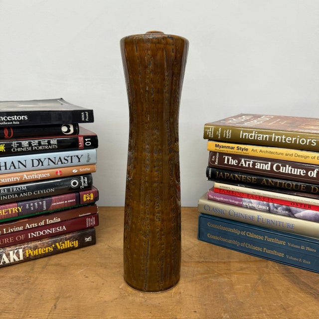 Tall Cylindrical Ceramic Amber Brown Column Vase For Sale - Image 4 of 8