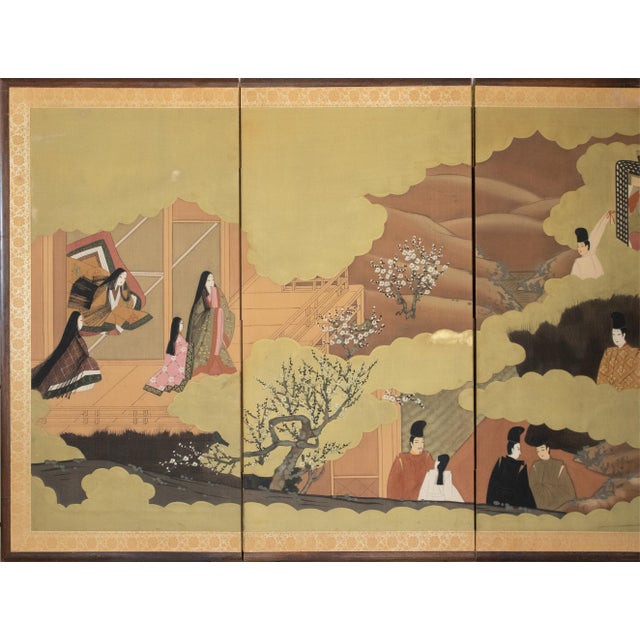 Stunning elegant vintage 4-panel Japanese Byobu (folding screen) depicts scenes from "The Tale of Genji", a classic work...