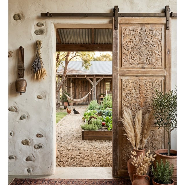 Antique Distressed White Carved Wood Door – Rustic Sliding or Hinged Barn Door 80x36 For Sale In Orlando - Image 6 of 6