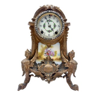 Antique New Haven Mantle Clock, French Porcelain Egg Urn Set For Sale