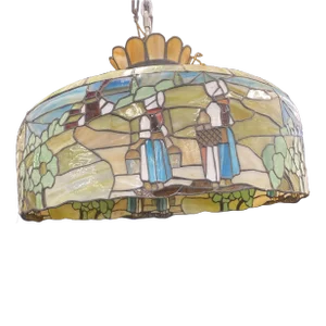 1930's Original Arts and Crafts Tiffany Style Stained Glass Pendant Light With Pilgrim Scenes