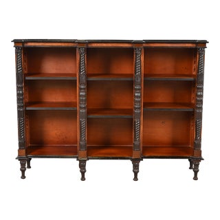 Herter Brothers Style Antique Victorian Carved Mahogany and Ebonized Triple Bookcase For Sale