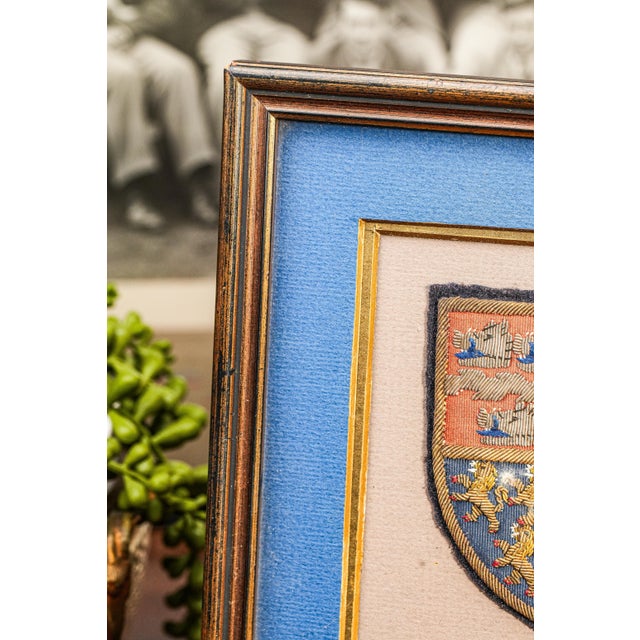 Preppy Antique English School Framed Crest Patch Armorial Coat of Arms Home Wall Decor For Sale - Image 4 of 11