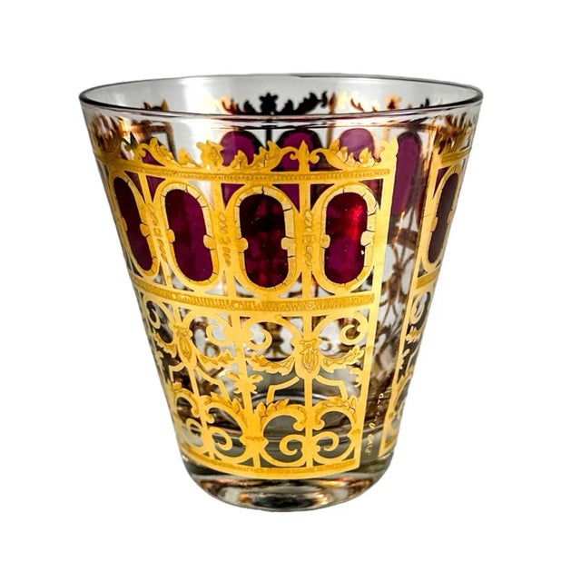 Vintage Culver Ltd. Azure Cranberry Scroll 22k Gold Set With Ice Bucket and 8 Double Old Fashion Glasses- 9 Pieces For Sale - Image 9 of 12