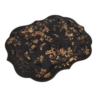 Antique Black Japanned Metal Tray With Gilt Floral and Butterfly Decoration For Sale