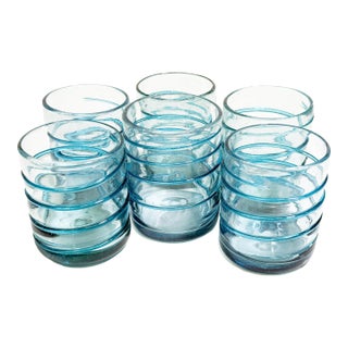 Vintage Hand-Blown Artisan Aqua Blue Swirl Drinking Glassware Set – Set of 6 For Sale