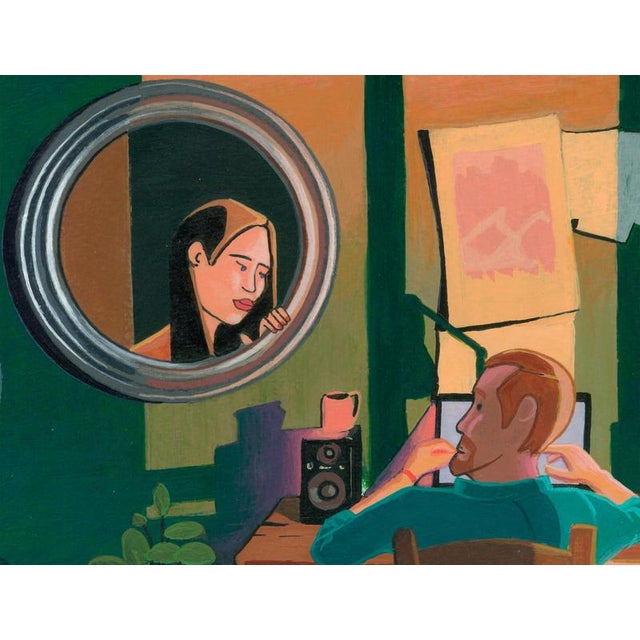 Acrylic Painting on Paper with Interior Scene and Mirror Reflection, 2021, Framed For Sale - Image 6 of 12