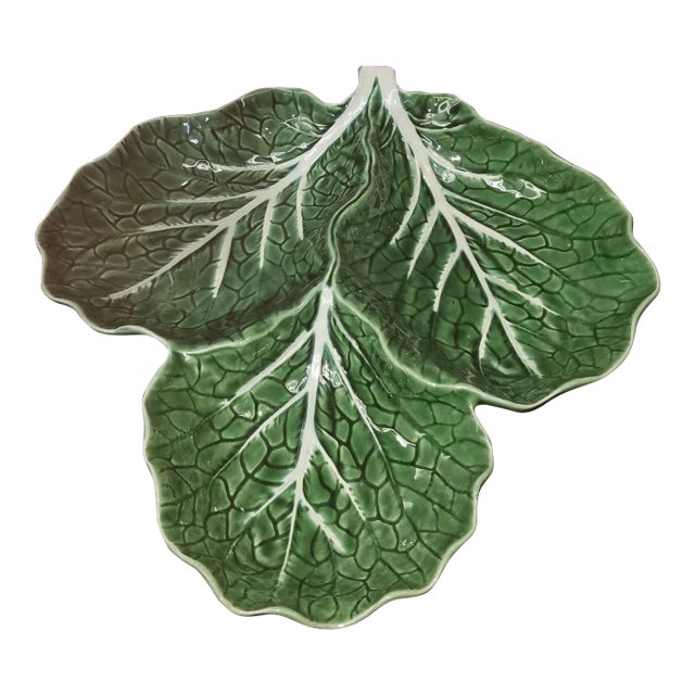 Vintage Majolica Bordallo Pinheiro Green Cabbage Serving Bowl For Sale