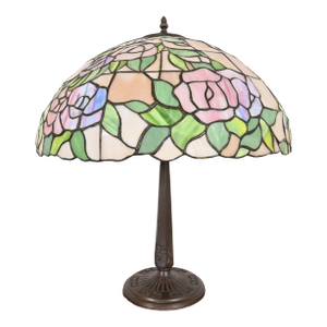 Tiffany Studios Style Arts & Crafts Table Lamp With Pink Rose Stained Glass Shade