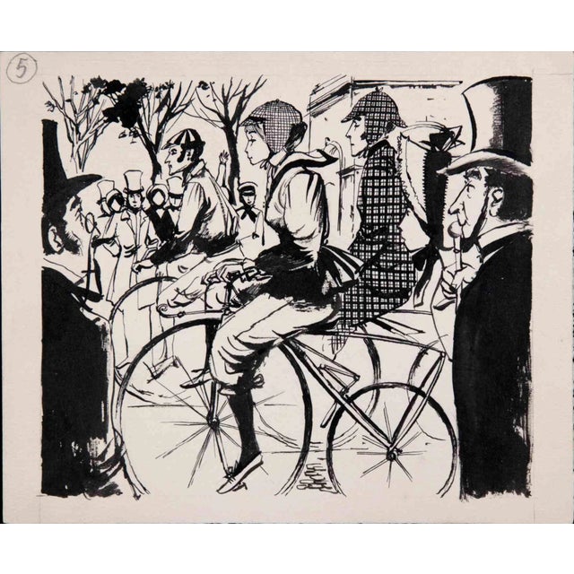Norbert Meyre, Bike People, Original Drawing, Mid-20th-Century For Sale