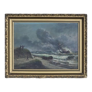Carl Dahlgren Marine Shipwreck Oil Painting “Stranding on Jutland Coast” 1930s For Sale