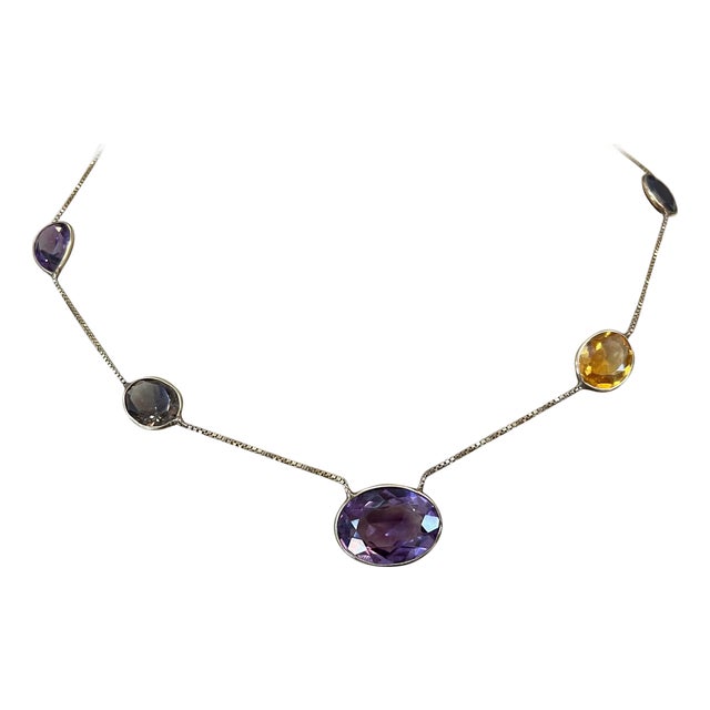 20 Carat Amethyst, Citrine and Smoky Quartz 5-Piece Chain Necklace 14 Karat Gold For Sale