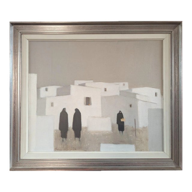 Mid-Century Modern 'Quiet Commune' Original Figure City Oil Painting by Swedish Artist Fabian Lundqvist (1913-1989), Framed For Sale