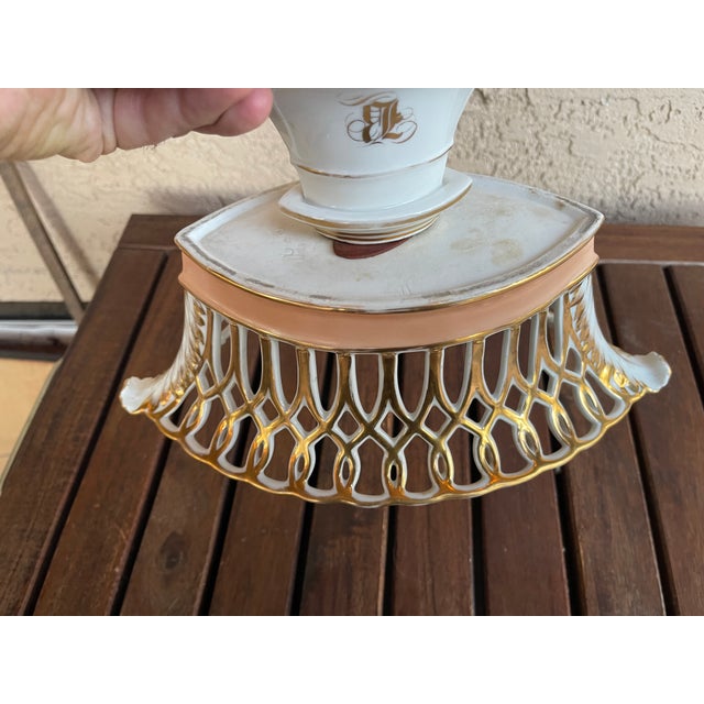 White French White,Salmon and Gold Pierced Porcelain Compote Basket Centerpiece Bowl For Sale - Image 8 of 8