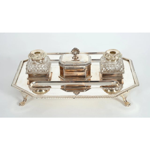 Vintage English Silver Plated / Copper Footed Inkwells - 3 Piece Set For Sale - Image 10 of 10