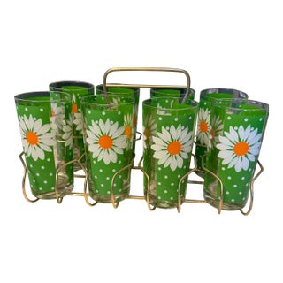 Vintage 1960s Pasinski Signed Daisy Glasses Set of 8 With Metal Caddy Crate For Sale
