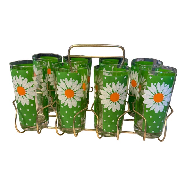 Vintage 1960s Pasinski Signed Daisy Glasses Set of 8 With Metal Caddy Crate For Sale