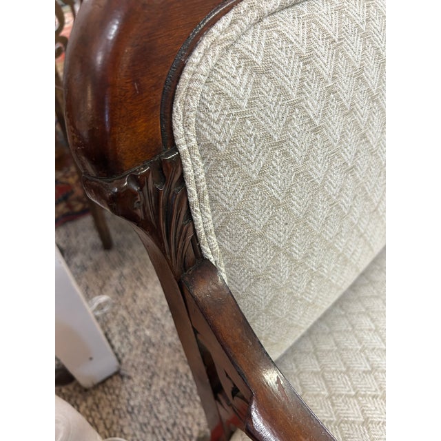 Wood Small Antique Dark Wood Edwardian Loveseat With New Upholstery For Sale - Image 7 of 11
