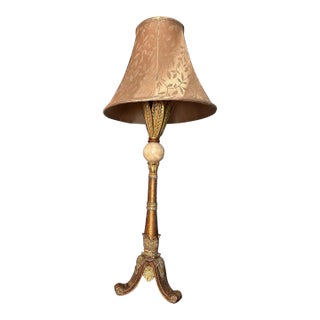 Vintage Hollywood Regency Neoclassical Gilt Lamp W/ Marbled Orb & Metal Leaves For Sale