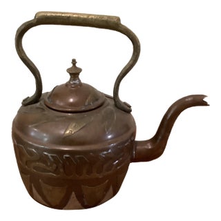 Antique Victorian Copper Large Kettle With Brass/Silver Patchwork and Gooseneck For Sale