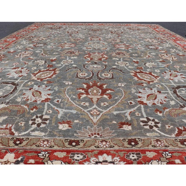 Tribal Antique Persian Tabriz Rug With Floral and Vine Design in Muted Blue and Red Tones 8'9"x12'2" For Sale - Image 3 of 9