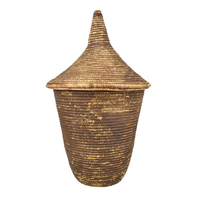 Early 20th Century Tutsi Lidded Handwoven Basket 19 Inch Rwanda For Sale