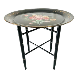 Antique Early 20th English Victorian Style Tole Table Tray Round With Foldable Black Wood Base, the Set