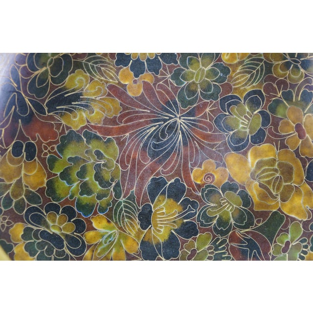 Mid 20th Century Chinese Cloisonne Enameled Brass Thousand Flowers Brush Bowl & Elm Stand For Sale - Image 6 of 13