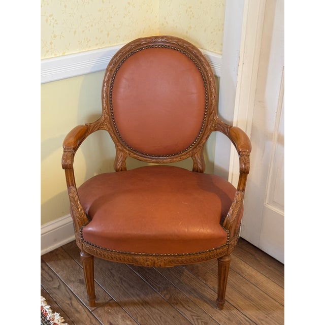 Chestnut 4-Piece French Louis XVI–Style Leather Seating Set — Settee & 3 Armchairs For Sale - Image 8 of 17