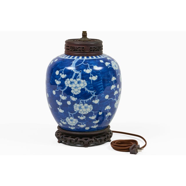 Early 18th Century Early 18th Century Chinese Blue and White Porcelain Prunus Ginger Jar Lamp For Sale - Image 5 of 8