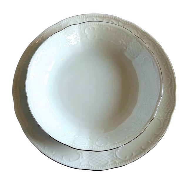 Marie-Luise Style White Embossed Porcelain Dinner Service for 6 with Platinum Rim from Seltmann Weiden Bavaria, 1960, Set of 18 For Sale - Image 6 of 9