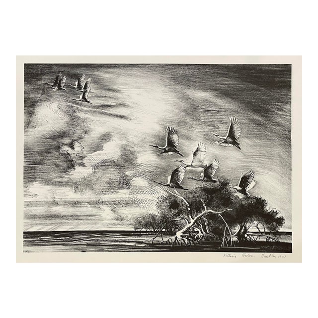 1948 Victoria Hutson Huntley Spoonbills Flying Florida Lithograph For Sale