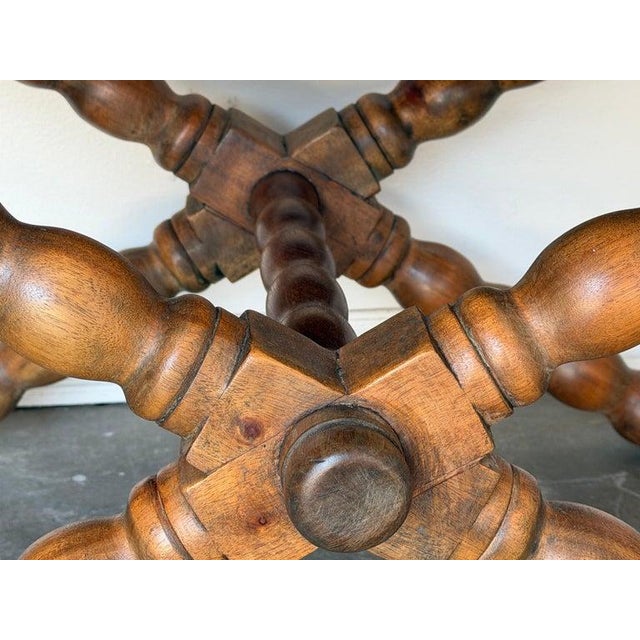 Spanish Pair of Spanish Colonial Baroque Bobbin - X-Base Stools With Distressed Leather For Sale - Image 3 of 15