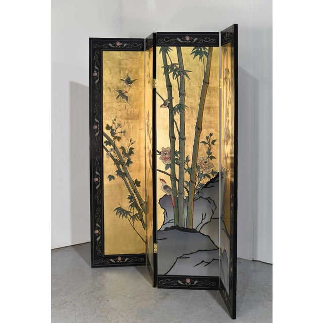 Vintage Chinoiserie Gold Leaf Lacquer 4-Panel Room Divider Screen For Sale - Image 4 of 12