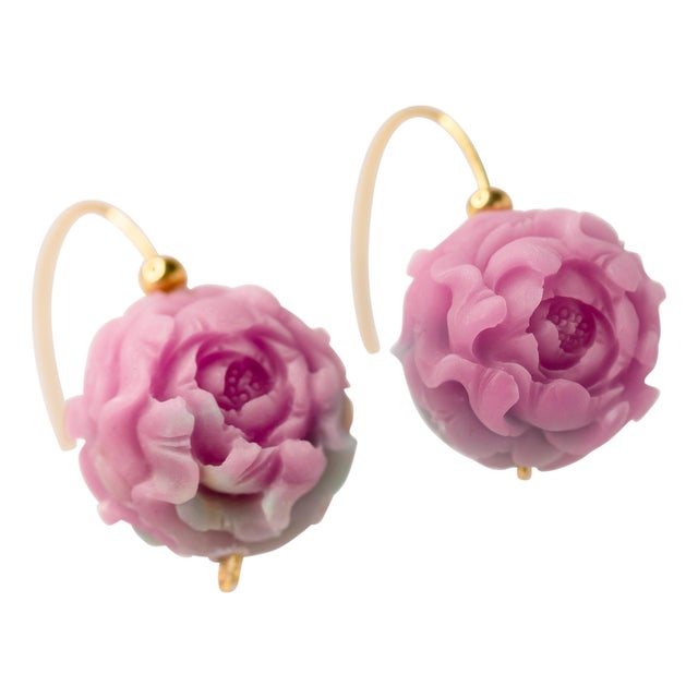 Pink Agate Peony Flower Earring II 14k Gold Hook, A Pair For Sale
