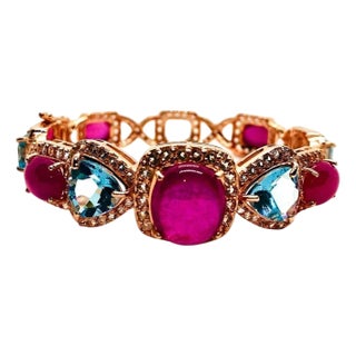 Bochic “Capri” Ruby, Sapphire & Multi-Gem Cabochon Vintage Bangle - 18K Gold & S For Sale
